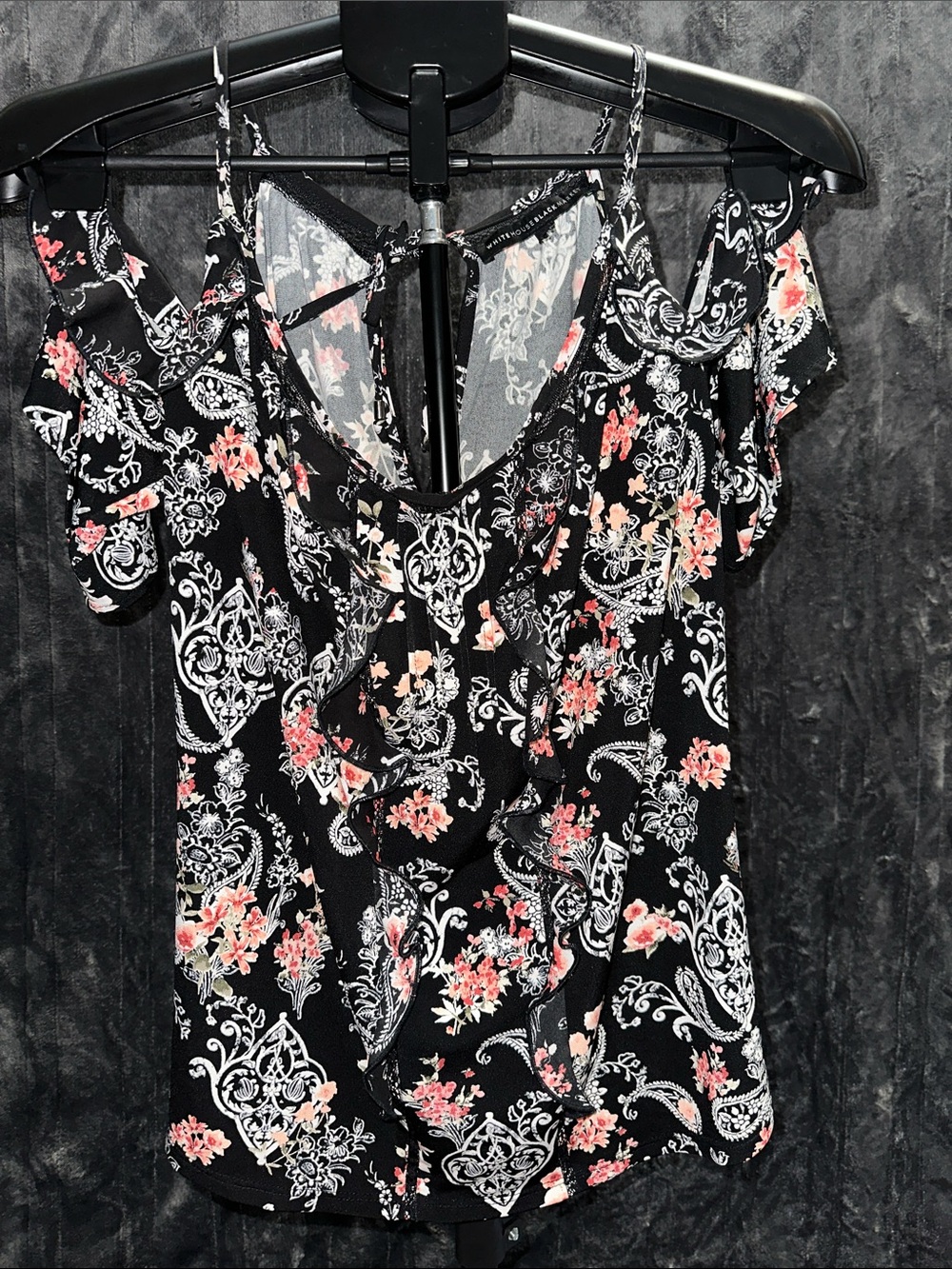 White House Black Market Black Floral Cold-Shoulder Camisole with Pink Accents